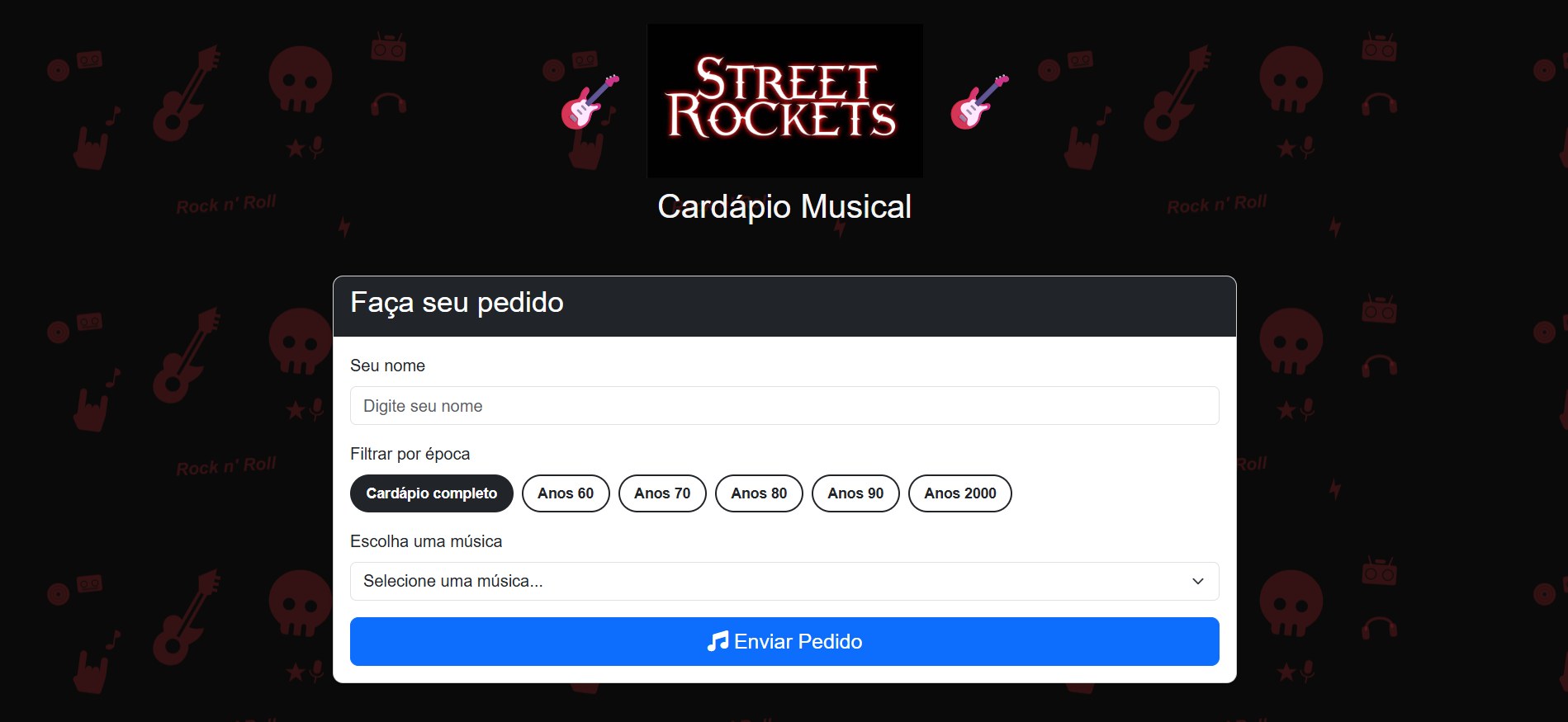 Tela do Cardápio Musical da Street Rockets, com filtro por época e escolha de música